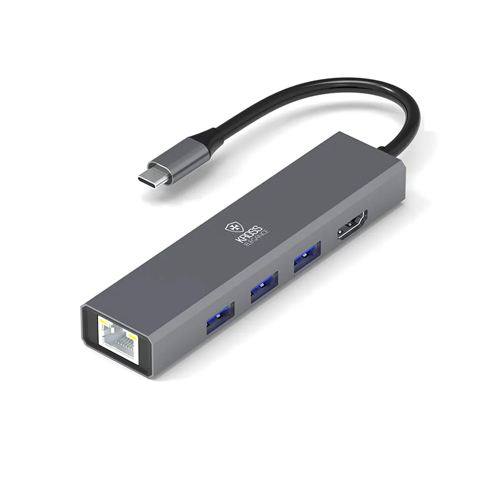 Adaptador Hub USB-C 6 em 1 KROSS ELEGANCE KE-UCT618 com HDMI 4K, 3x USB 3.0, Rede Gigabit e PD 100W
