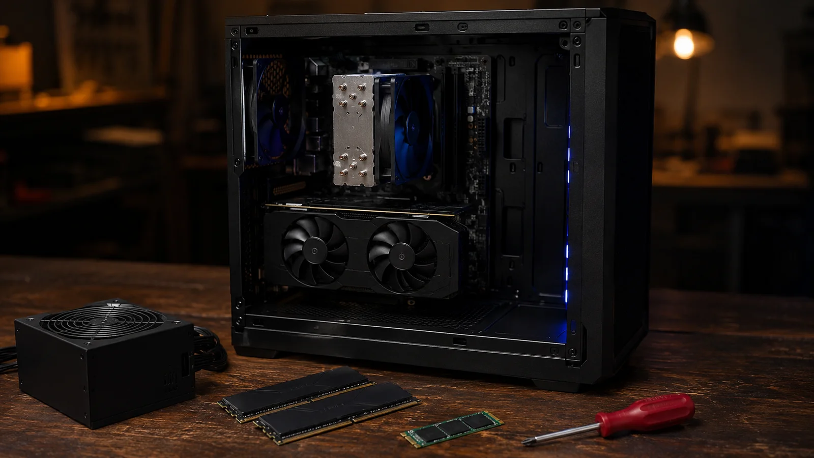 Ilustração: bancada de montagem de PC gamer com gabinete aberto, fonte, memórias RAM e SSD