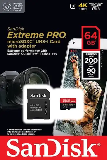 Cartão de Memória MicroSDXC SANDISK Extreme Pro 64GB 200MB/s Leitura 90MB/s Gravação U3 V30 A2 com Adaptador SD