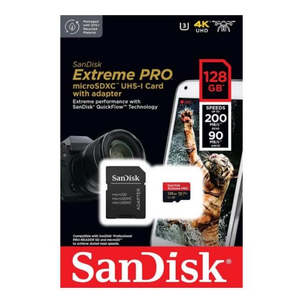 Cartão de Memória SANDISK Extreme Pro 128GB MicroSDXC U3 V30 A2 200MB/s com Adaptador SD