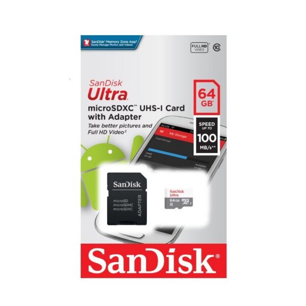 Cartão de Memória SANDISK Ultra 64GB MicroSDXC SDSQUNR-64G-GN3MA 100MB/s Classe 10 UHS-I com Adaptador SD