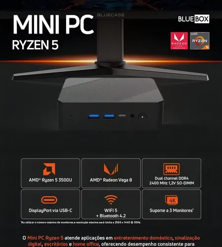 Mini PC BLUECASE BBOX3R535US2ND AMD Ryzen 5 3500U Barebone Wi-Fi AC Bluetooth 4.2 USB-C HDMI DP - foto 6