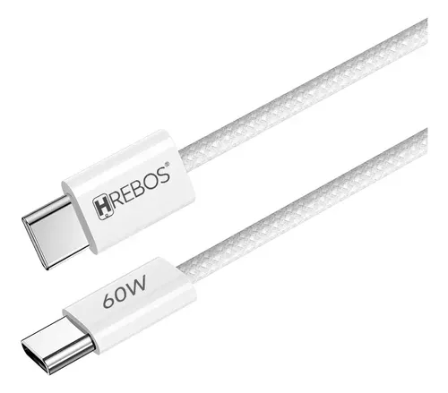 Cabo USB-C para HREBOS CB-385C 60W 1.5 Metros Trançado Branco