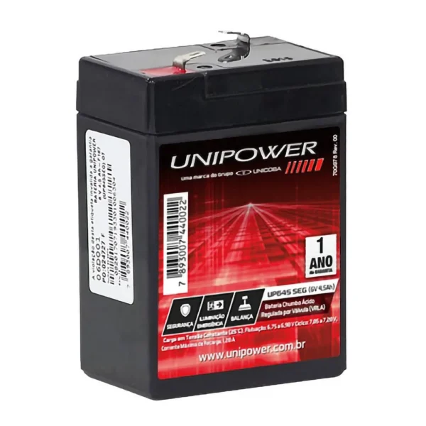Bateria Selada UNIPOWER 6V 4.5Ah UP645SEG para Alarmes, Iluminação de Emergência e Sistemas Segurança