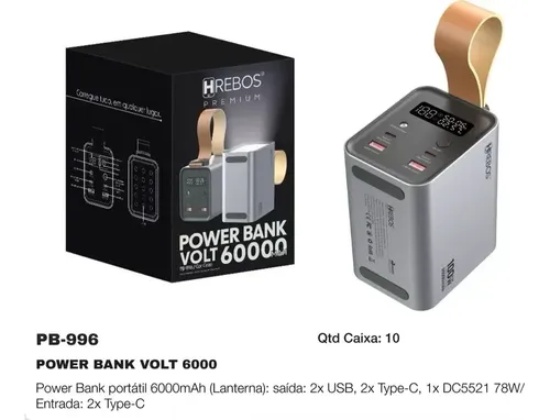 Power Bank Portátil HREBOS PB-996 60000mAh 100W com Lanterna LED Starlink - foto 6