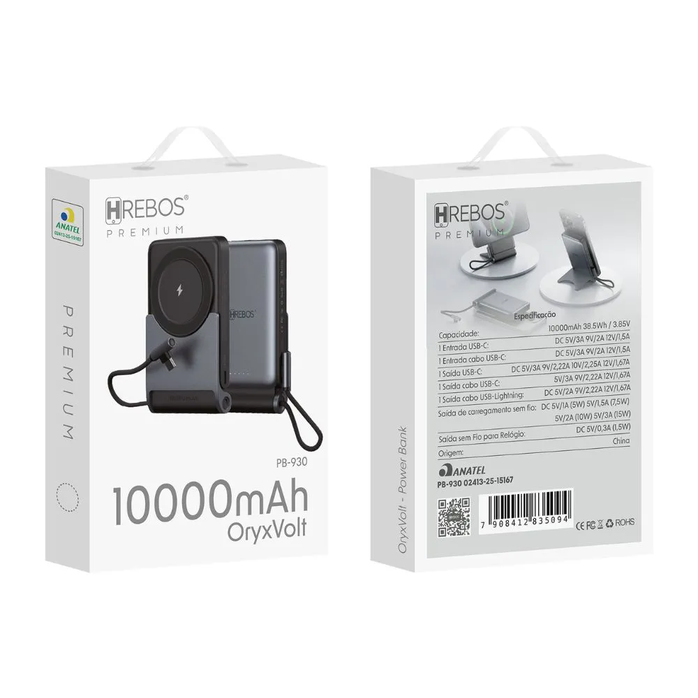 Power Bank Portátil HREBOS PB-930 10000mAh 22.5W com Indução e Cabos Integrados Preto - foto 3