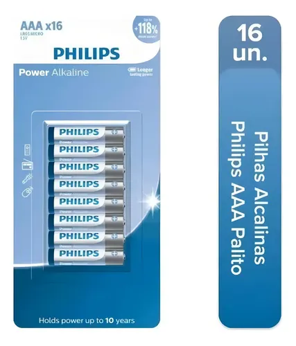 Pilha Alcalina AAA 1.5V PHILIPS LR03P16B Cartela com 16 Unidades