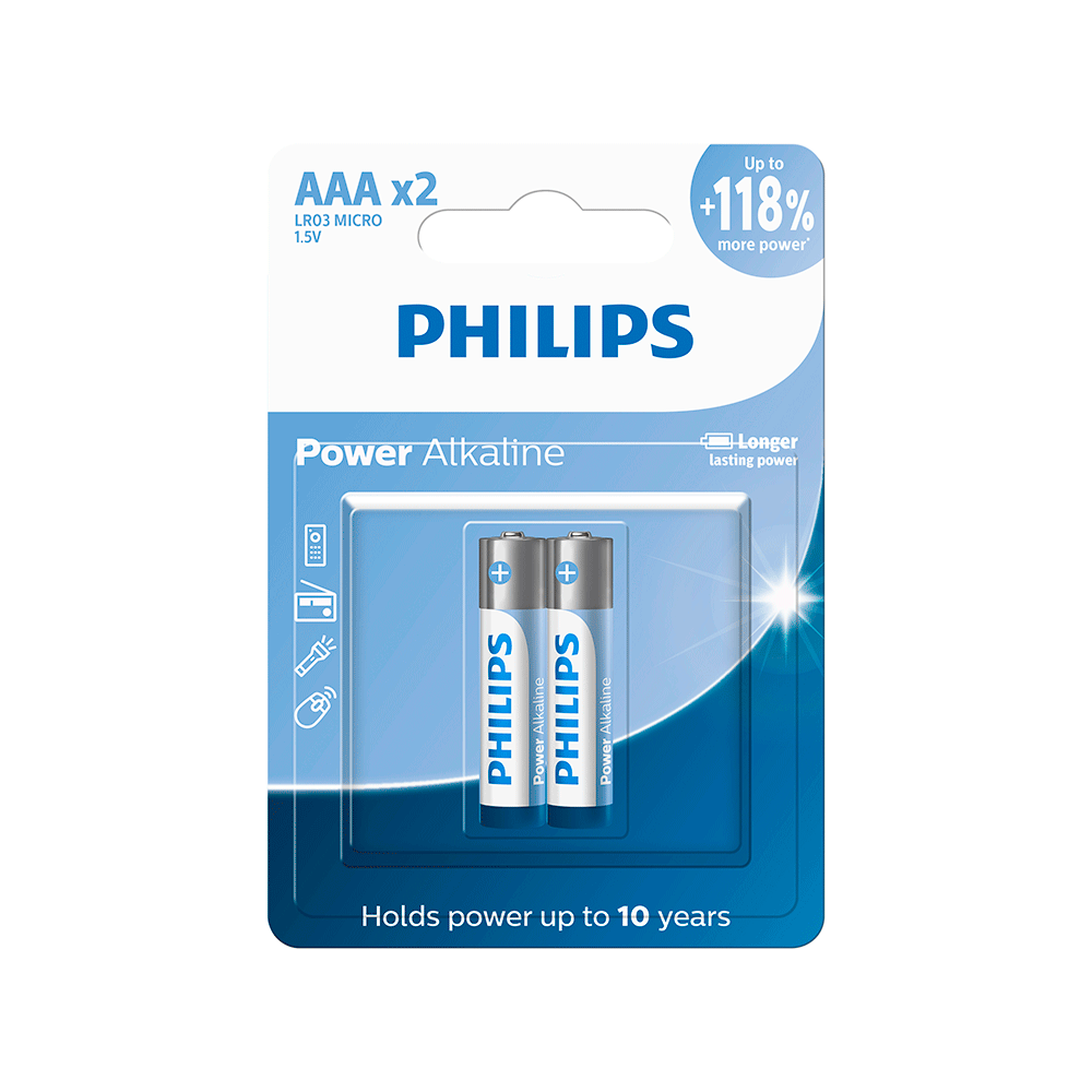 Pilha Alcalina AAA 1.5V PHILIPS LR03 Cartela com 2 Unidades