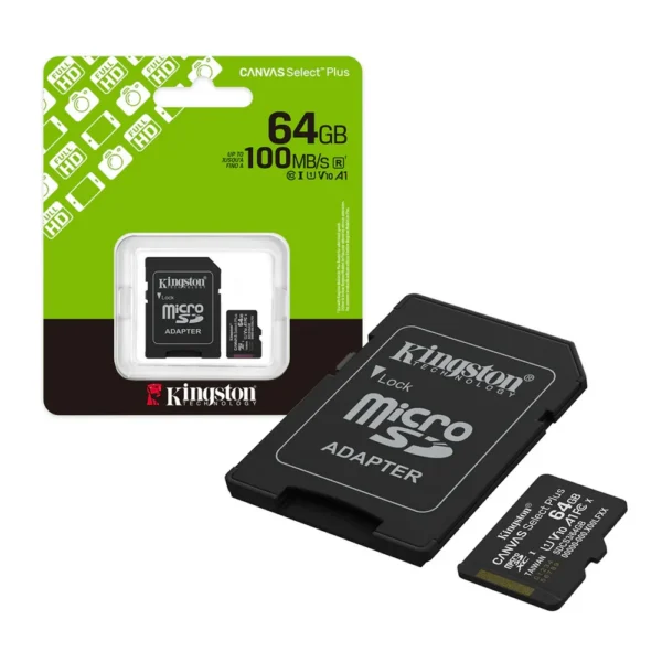 Cartão de Memória MicroSDXC KINGSTON Canvas Select Plus 64GB 100MB/s UHS-I U1 V10 A1 com Adaptador SD