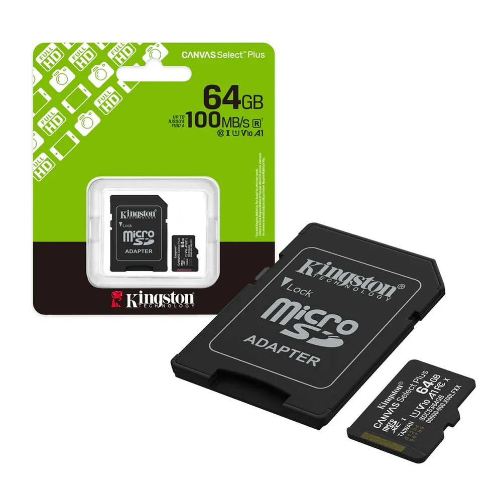 Cartão de Memória MicroSDXC KINGSTON Canvas Select Plus 64GB 100MB/s UHS-I U1 V10 A1 com Adaptador SD