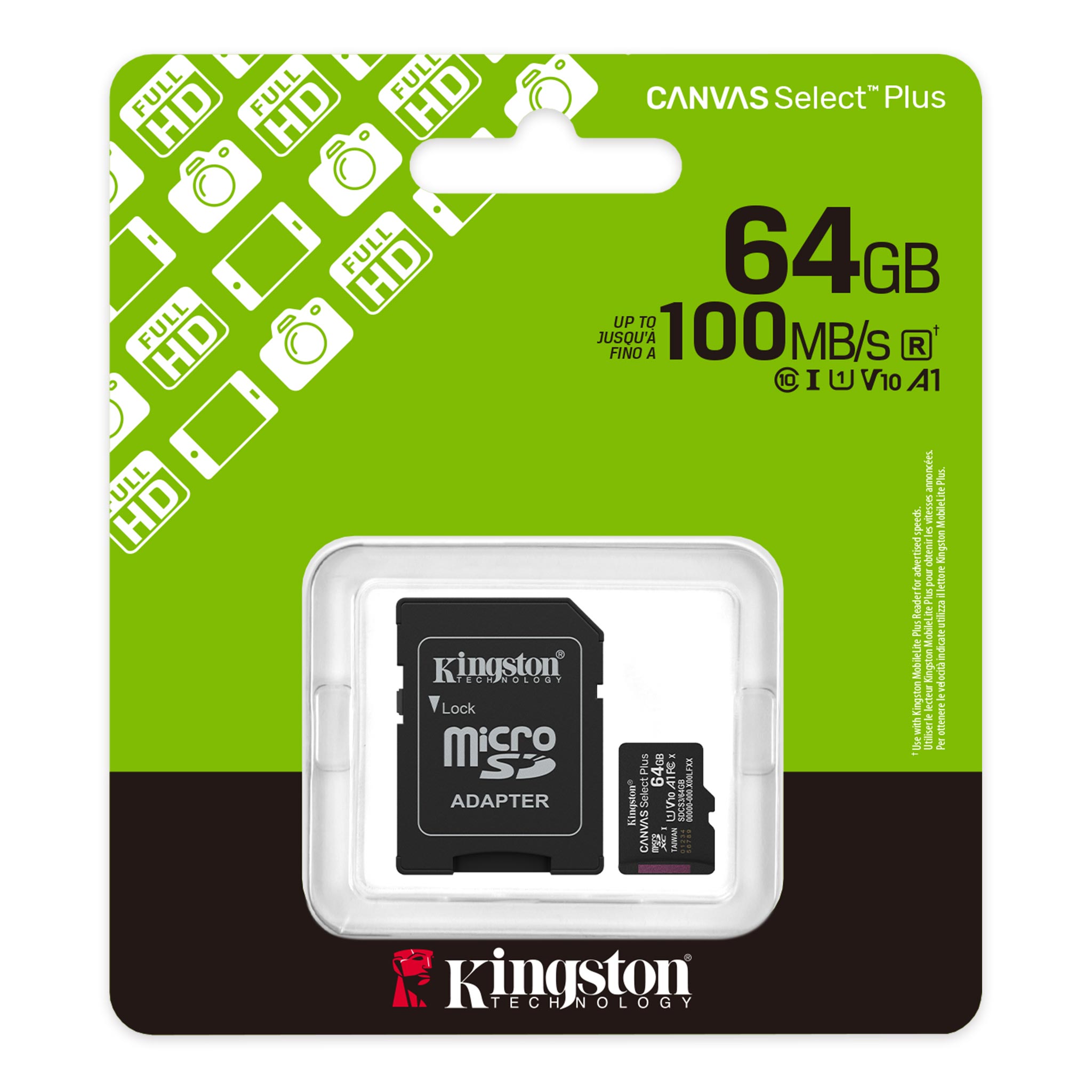Cartão de Memória MicroSDXC KINGSTON Canvas Select Plus 64GB 100MB/s UHS-I U1 V10 A1 com Adaptador SD - foto 2