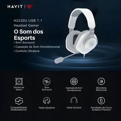 Headset Gamer HAVIT H2230U USB 7.1 Driver 50mm Microfone Removível Branco - foto 5
