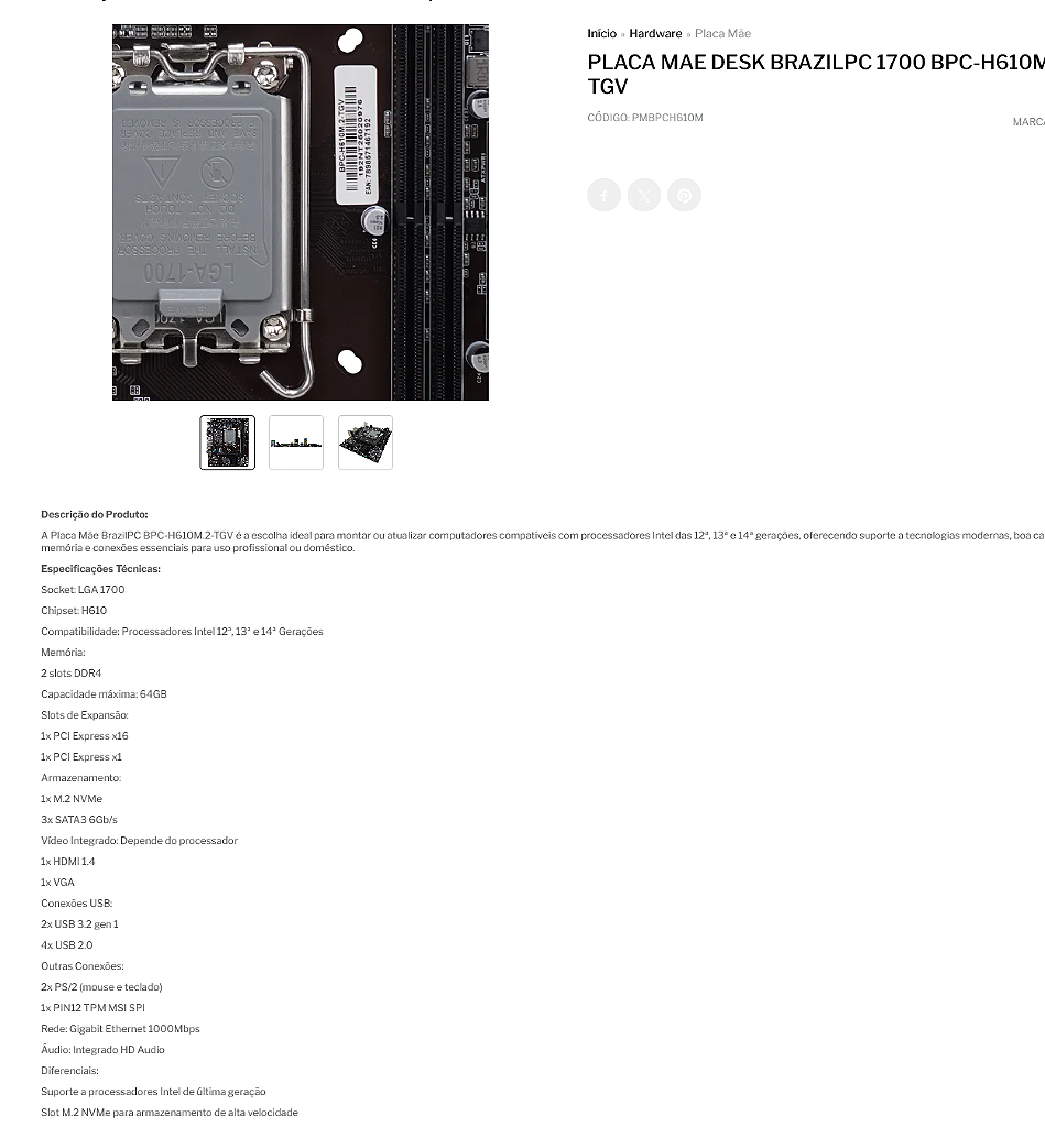 Placa-Mãe LGA1700 H610 BRAZIL PC BPC-H610M.2-TGV DDR4 M.2 NVMe HDMI VGA Rede Gigabit mATX - foto 4