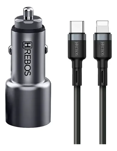 Carregador Veicular HREBOS 60W USB-C PD com Cabo Lightning 1m Preto CRV-203CI