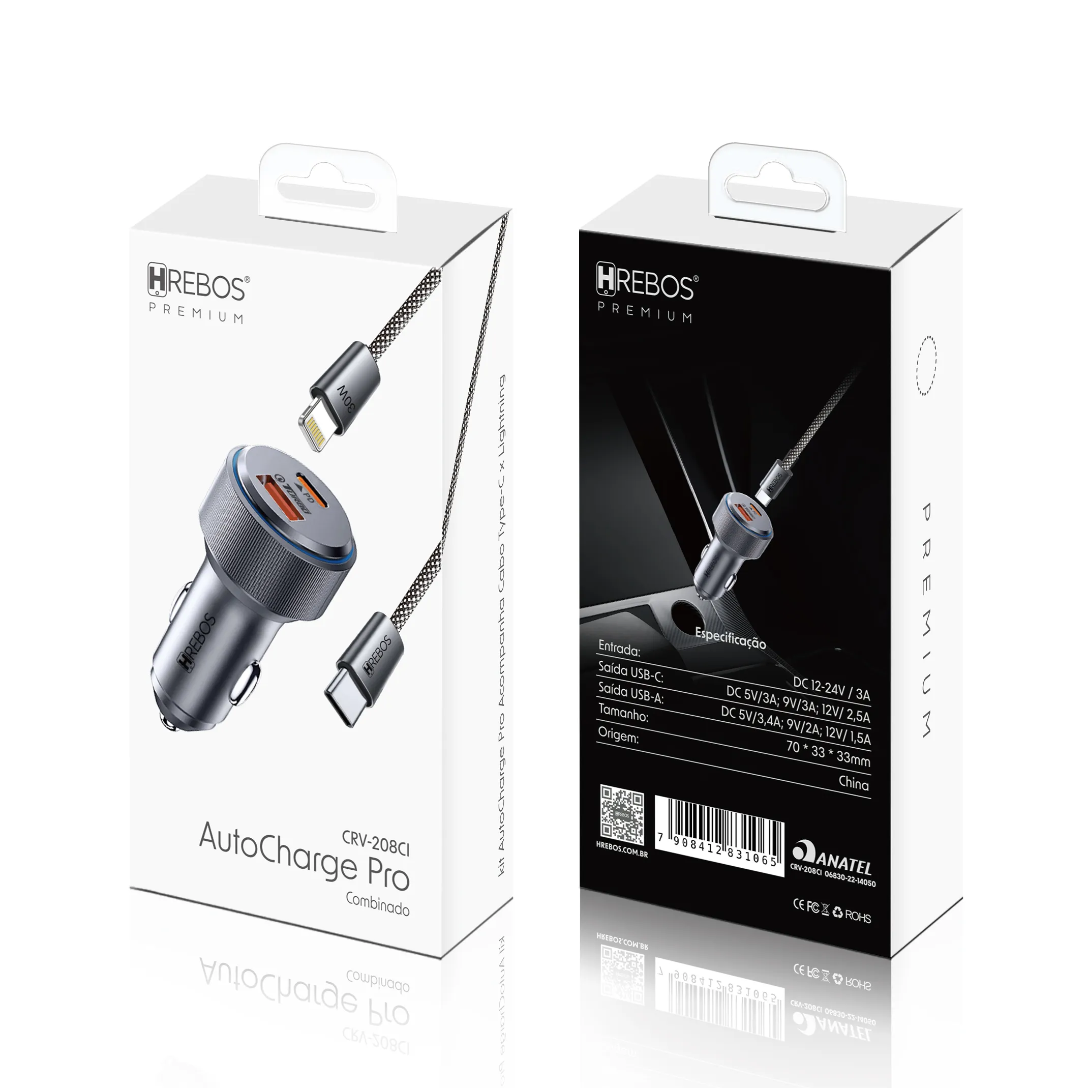 Carregador Veicular HREBOS 60W USB-C PD com Cabo Lightning 1m Preto CRV-203CI - foto 3