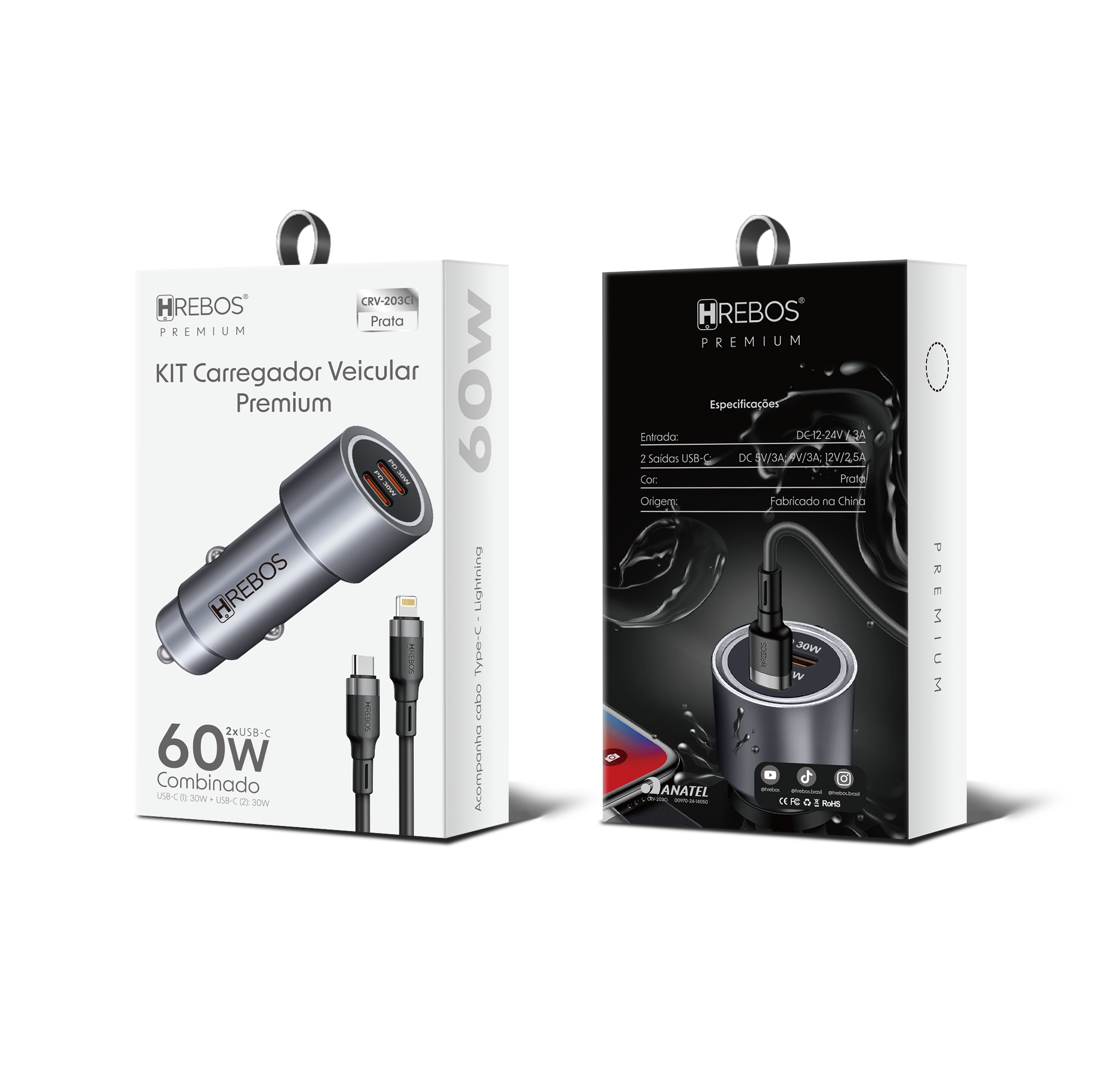 Carregador Veicular HREBOS 60W USB-C PD com Cabo Lightning 1m Preto CRV-203CI - foto 2