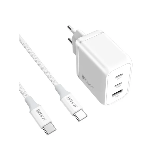 Carregador HREBOS 65W 2xUSB-C 1xUSB-A PD QC com Cabo USB-C 1m CRG-504C Branco