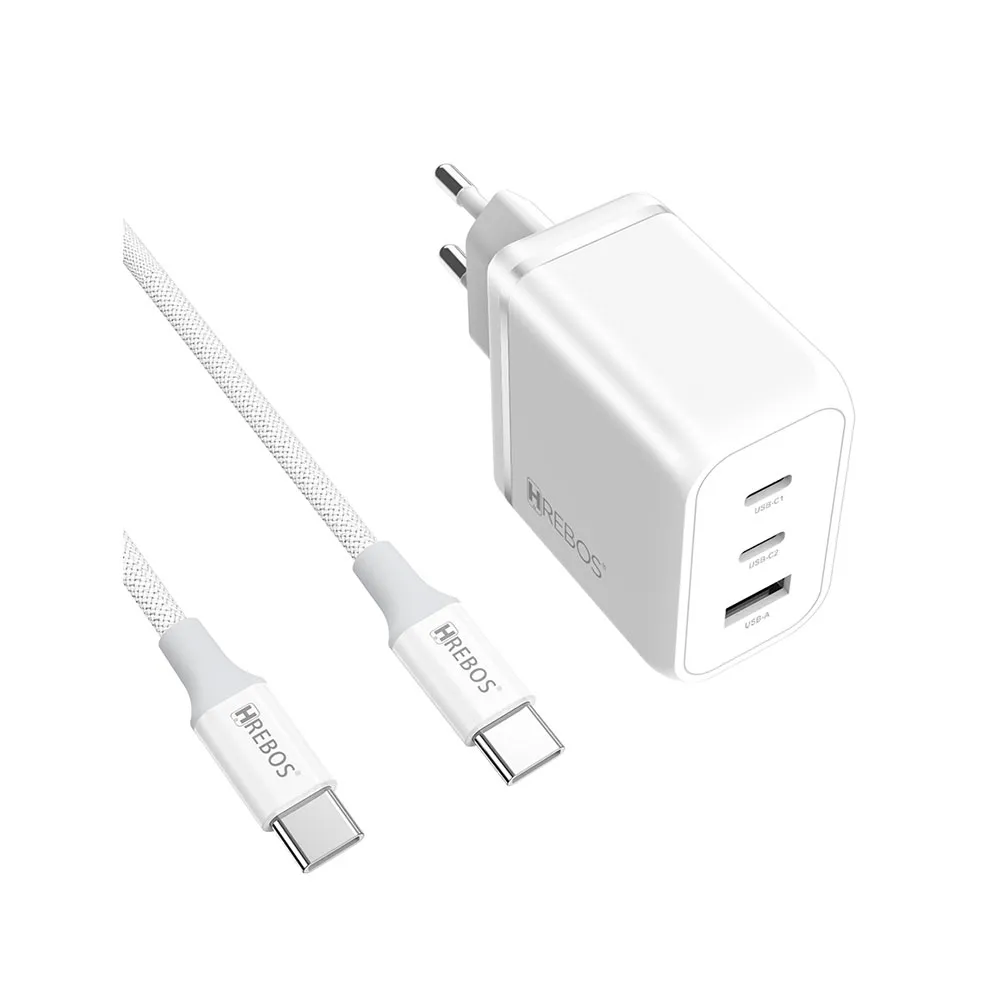 Carregador HREBOS 65W 2xUSB-C 1xUSB-A PD QC com Cabo USB-C 1m CRG-504C Branco