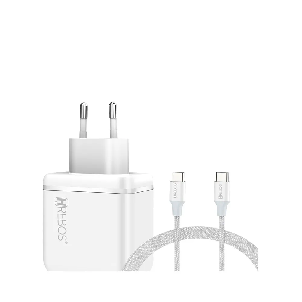 Carregador HREBOS 65W 2xUSB-C 1xUSB-A PD QC com Cabo USB-C 1m CRG-504C Branco - foto 2