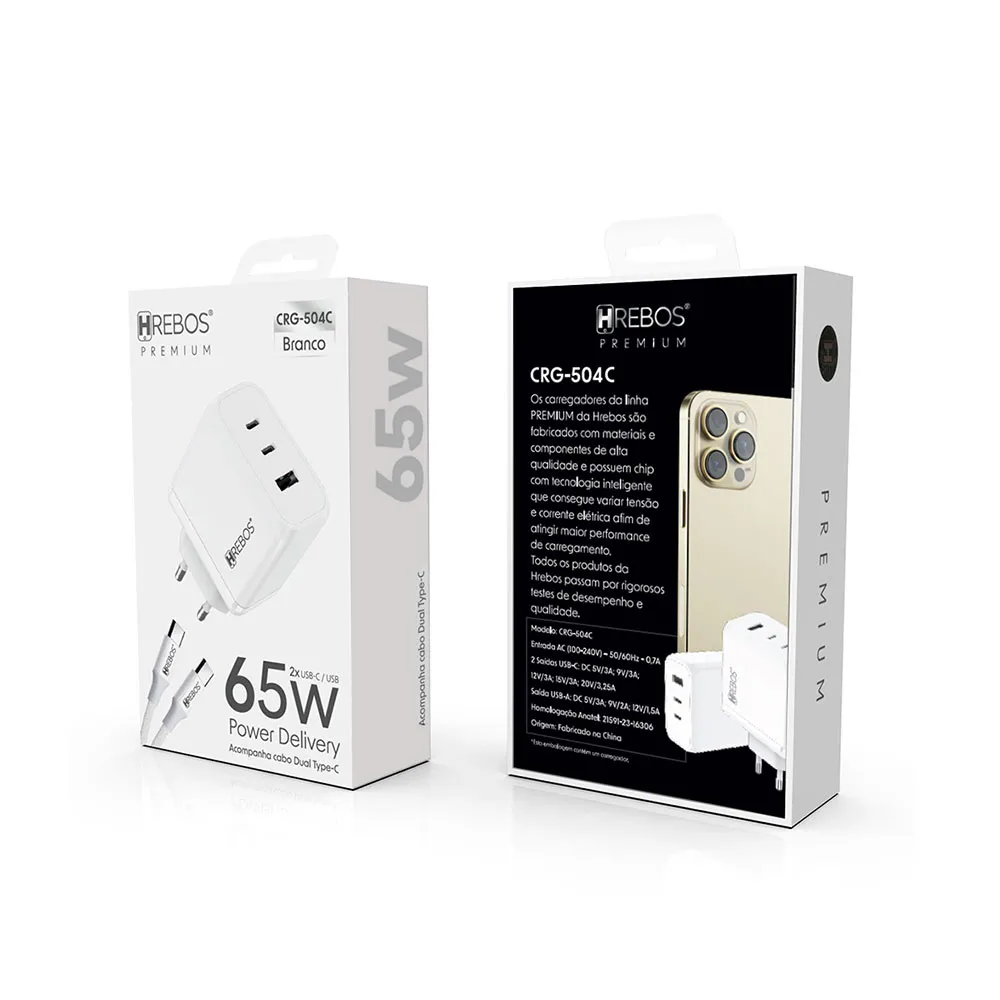 Carregador HREBOS 65W 2xUSB-C 1xUSB-A PD QC com Cabo USB-C 1m CRG-504C Branco - foto 3