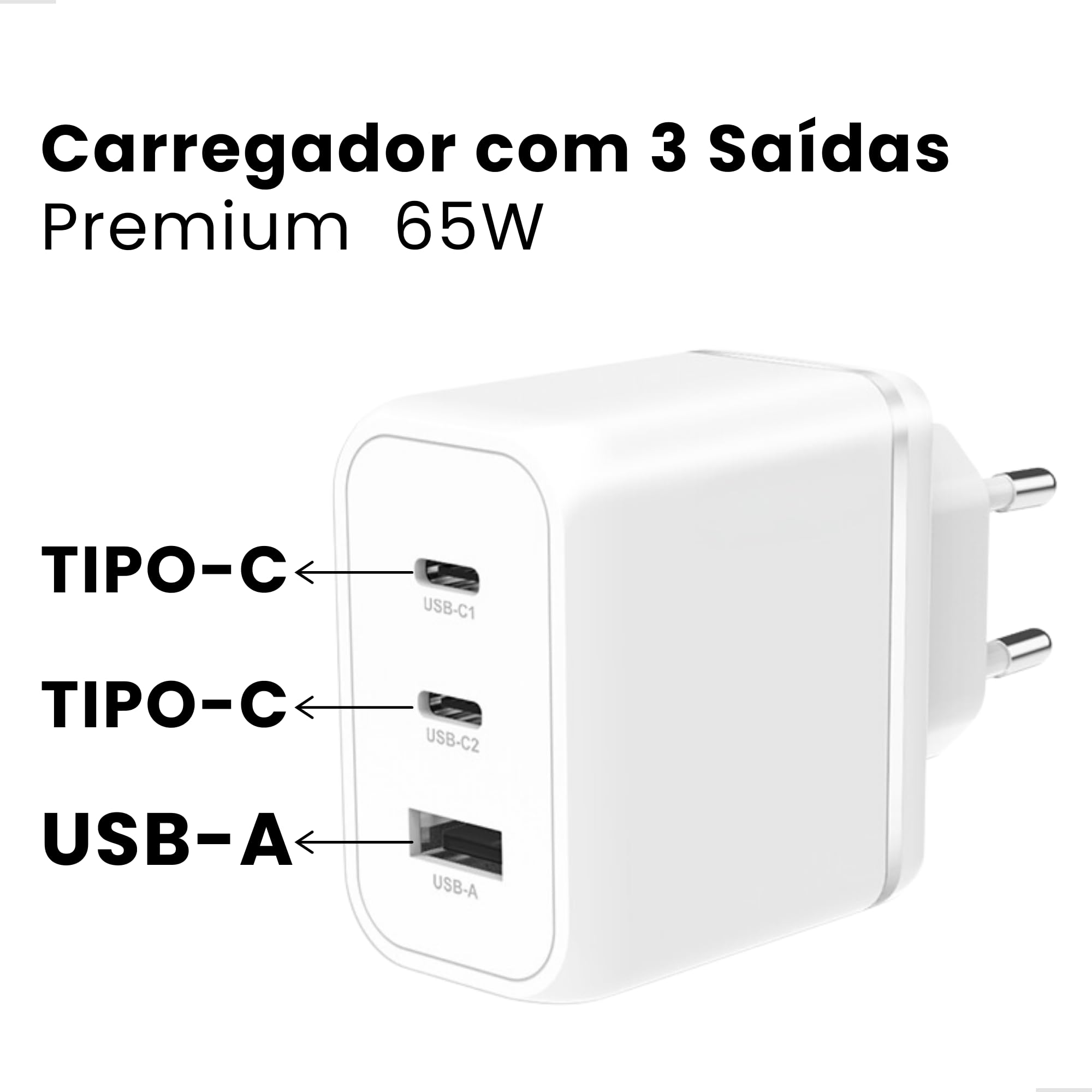 Carregador HREBOS 65W 2xUSB-C 1xUSB-A PD QC com Cabo USB-C 1m CRG-504C Branco - foto 5