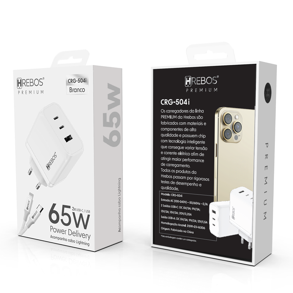 Carregador HREBOS 65W 2xUSB-C 1xUSB-A PD QC com Cabo USB-C 1m CRG-504C Branco - foto 4