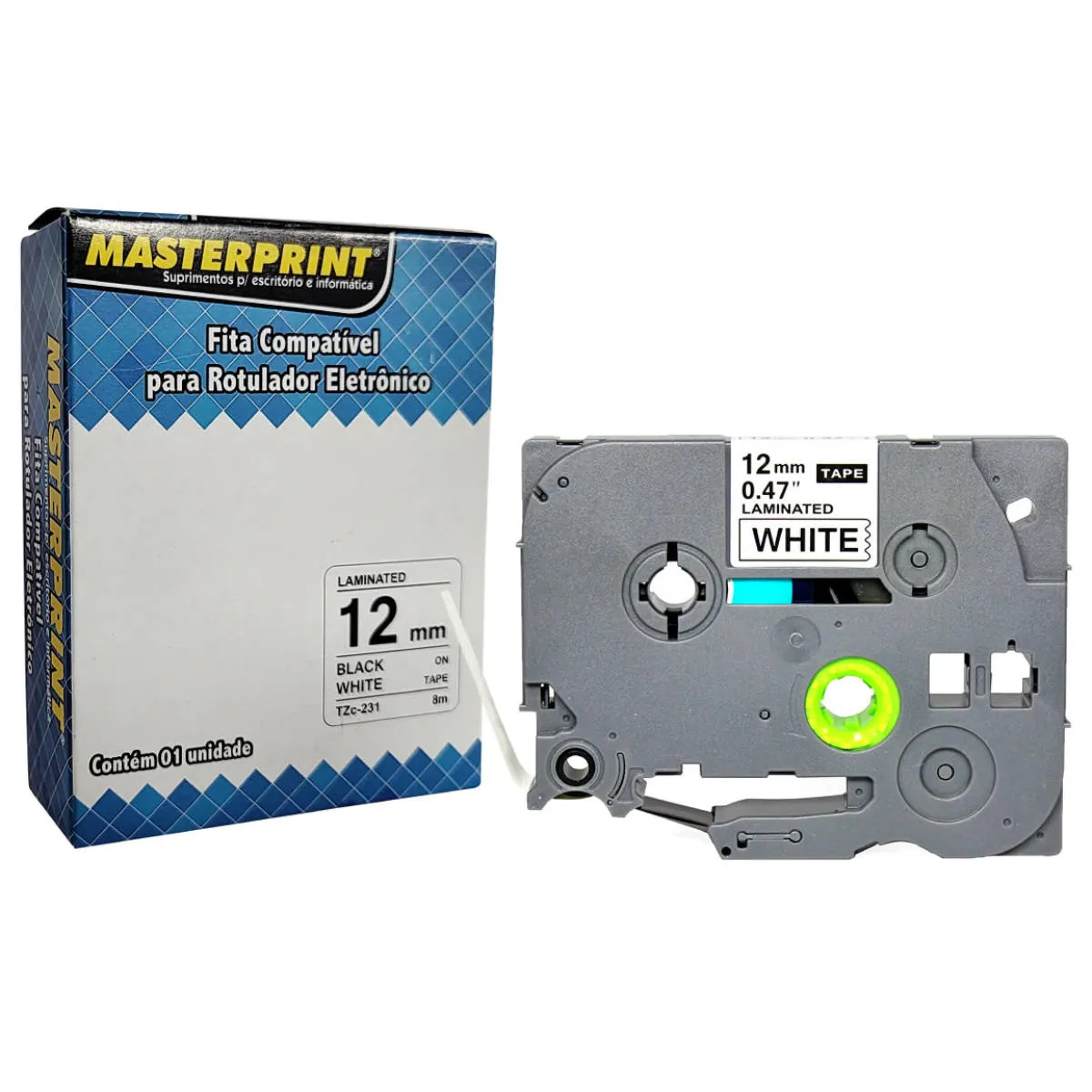 Fita Rotulador Compatível Brother TZe-231 12mm x 8m Preto sobre Branco MASTERPRINT TZC-231