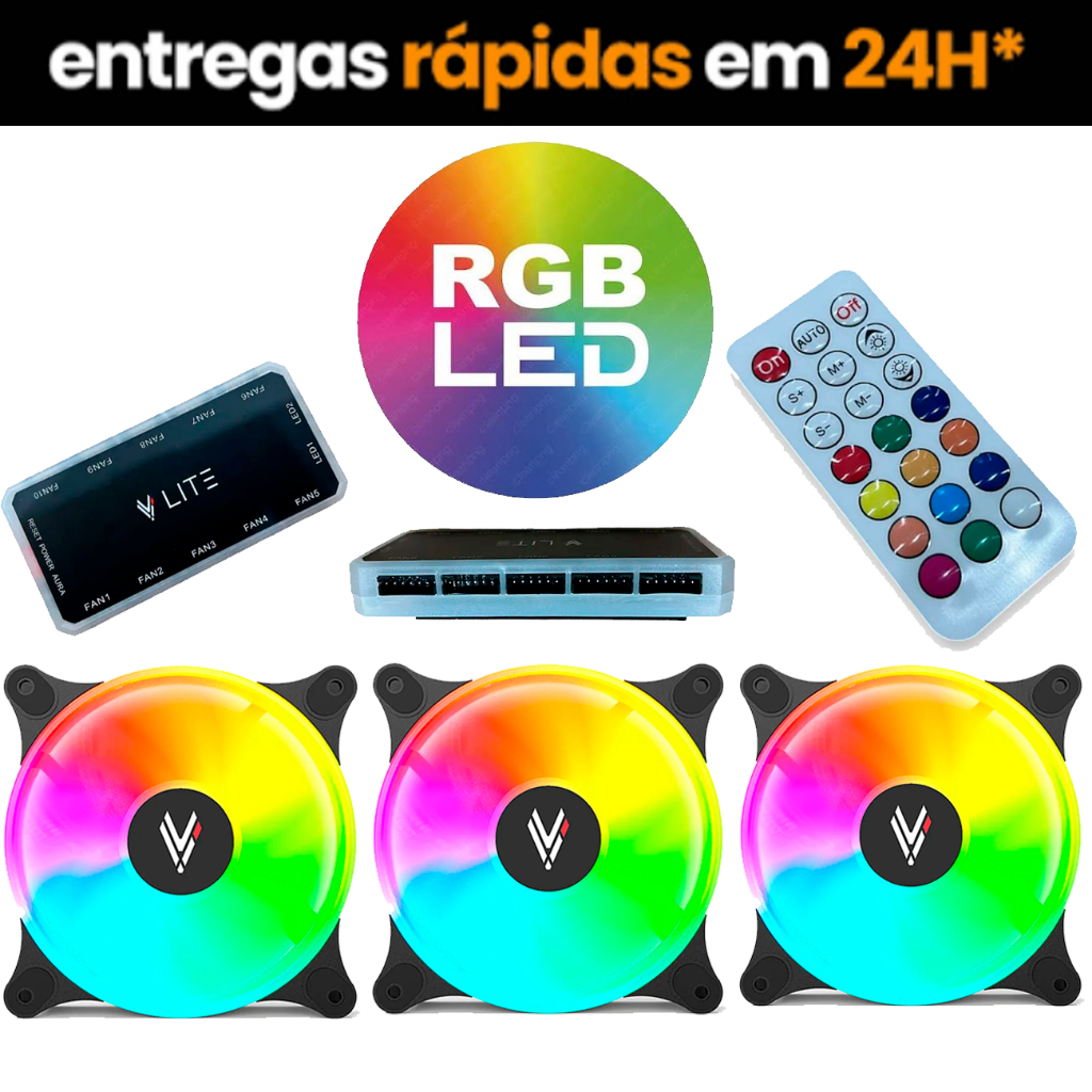 Kit 3 Fans HILEVEL Lite ARGB 120mm 1200RPM Preto com Controladora - foto 3