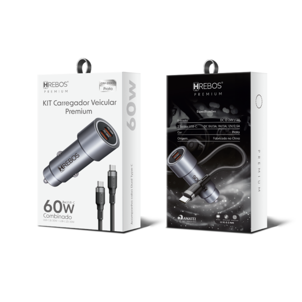 Carregador Veicular HREBOS 60W 2xUSB-C PD com Cabo USB-C 1m CRV-203CC