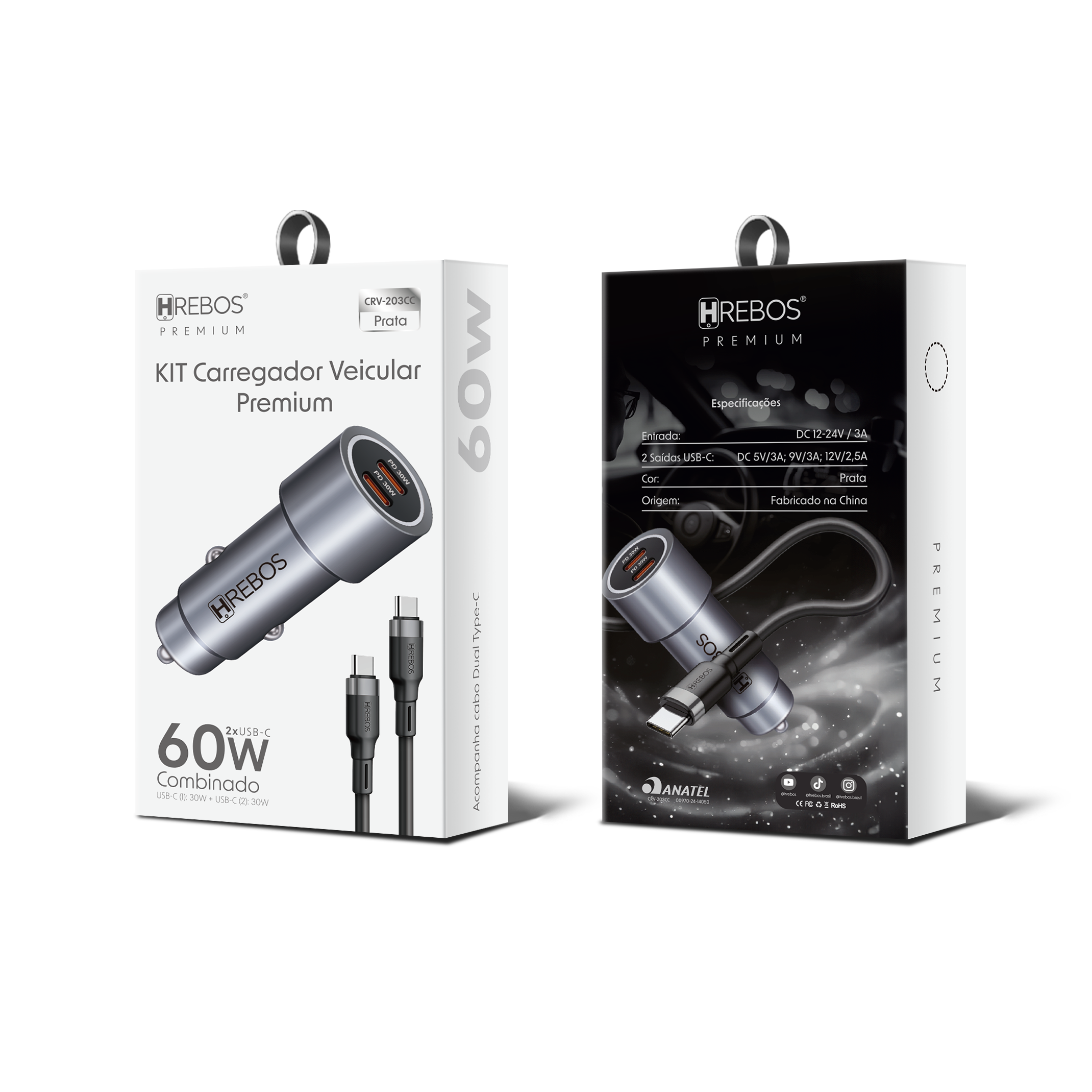 Carregador Veicular HREBOS 60W 2xUSB-C PD com Cabo USB-C 1m CRV-203CC