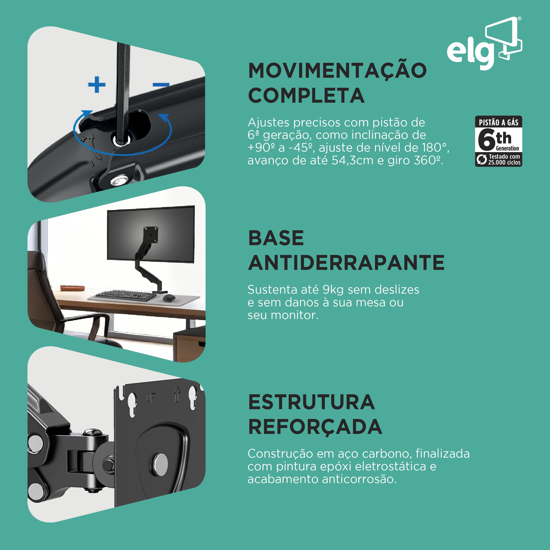 Suporte de Mesa para Monitor ELG F80N Pistão a Gás Articulado VESA 75/100mm 17-35pol até 9kg Preto - foto 3