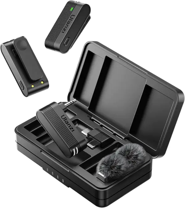 Microfone de Lapela Sem Fio Duplo ULANZI A100 USB-C P2 2.4GHz com Estojo Carga Preto