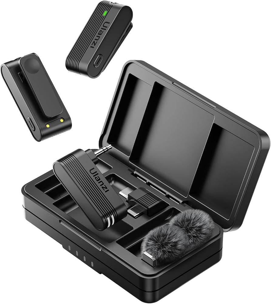 Microfone de Lapela Sem Fio Duplo ULANZI A100 USB-C P2 2.4GHz com Estojo Carga Preto