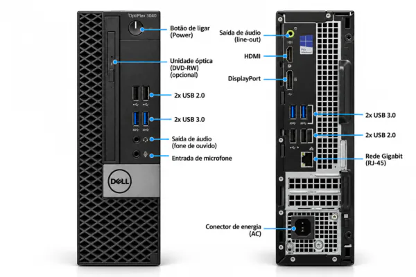 PC Slim Dell OptiPlex 3040 SFF seminovo: botão de ligar, USB 3.0, USB 2.0, áudio, HDMI, DisplayPort e rede