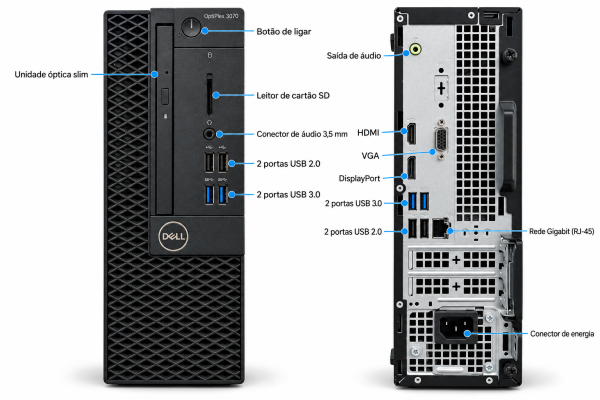 PC Slim Dell OptiPlex 3070 SFF seminovo: botão de ligar, USB 3.0, USB 2.0, áudio, HDMI, DisplayPort, VGA e rede